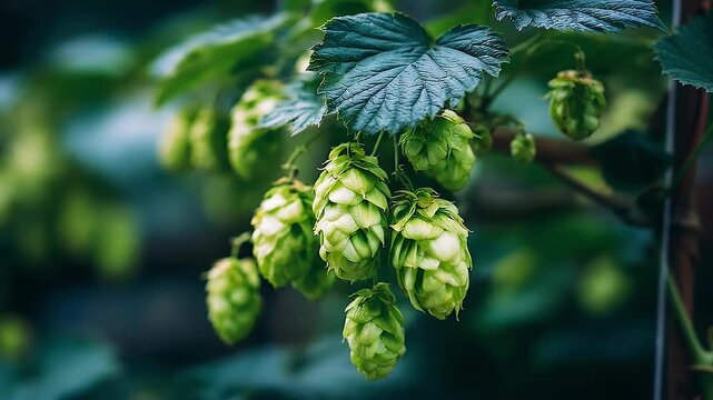 Close-up of green hop cones on a climbing vine