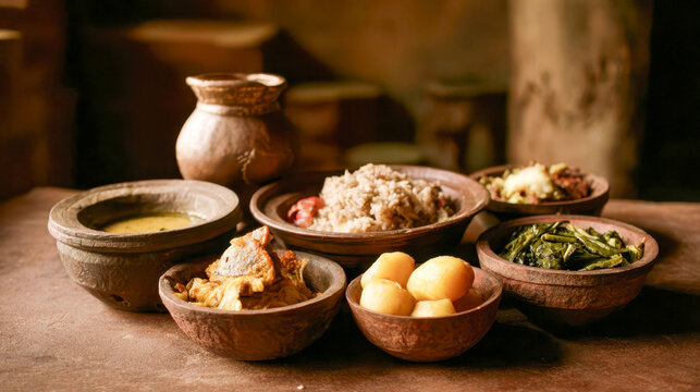 Newari cuisine features traditional dishes arranged on a wooden table