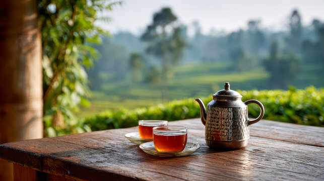 Enjoying tea in Nepal tea country during a break in modest surroundings