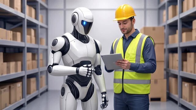 Warehouse worker collaborating with humanoid robot in logistics center. Digital inventory management and automation technology. Lockdown medium shot.