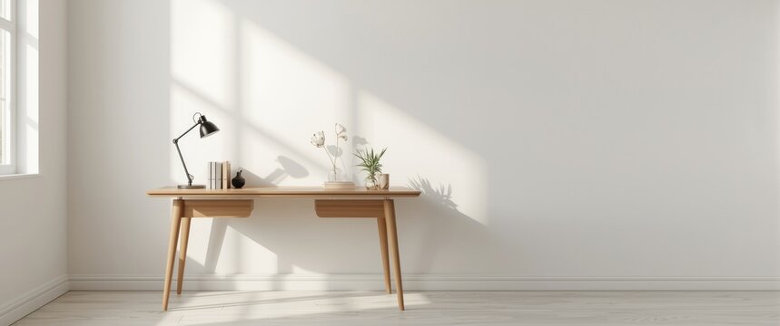 Modern wooden desk with lamp and plants in bright room