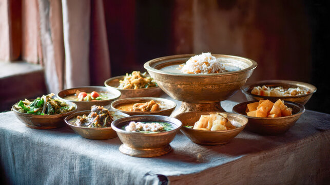 Traditional Newari food served in bowls with rice in a modest setting during a gathering