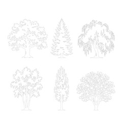 Obraz premium Minimalist tree line art collection, set of 6 thin stroke botanical vector icons, elegant white and grey deciduous and evergreen tree silhouettes