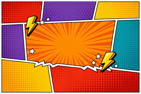 Dynamic comic book banner with large jagged orange text frame, lightning strikes and colorful pop art halftone panels