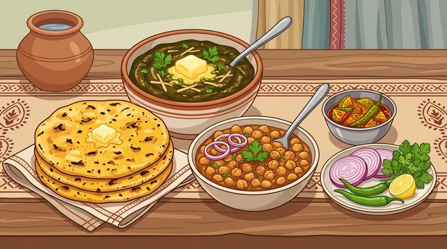 Traditional Indian food illustration, Makki di Roti and Sarson da Saag with butter, authentic Punjabi meal with Chole and pickles on wooden table