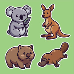 Fototapeta premium Adorable Australian Wildlife Collection - Koala, Kangaroo, Wombat, and Platypus Cartoon Stickers.