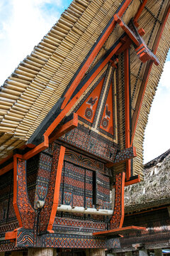 Richly decorated tongkonan house with Austronesian and indiginous paintings in Tana Toraja, Sulawesi, Indonesia, Asia