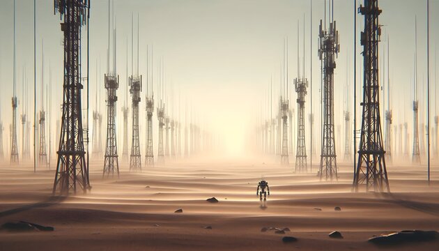 a vast empty plain filled with countless tall silent antennas stretching to the horizon, some broken and leaning, soft wind moving dust across the ground, a small robot walking alone between them, wid