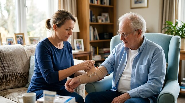Female caregiver helping a senior elderly man with arm bandage at home, showing compassionate home healthcare nursing assistance, family caregiving elderly patient support medical care service
