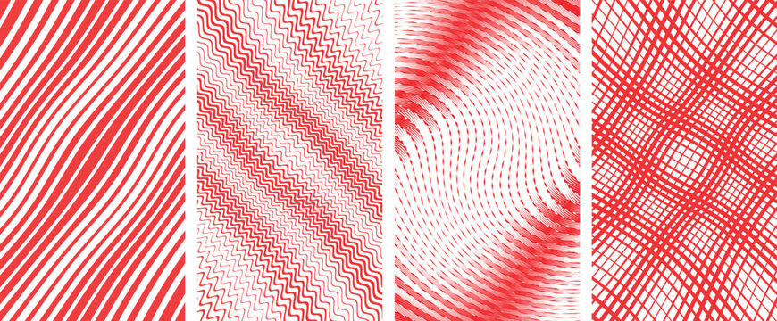 Red halftone pattern backgrounds, abstract geometric line textures, 4 vector moire effect posters for modern branding