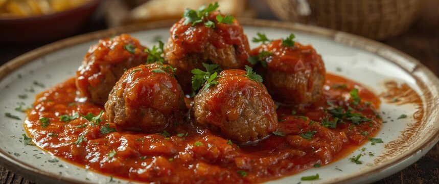 Meatballs in marinara sauce garnished with parsley on a plate