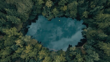 Obraz premium Aerial view of a tranquil pond surrounded by trees