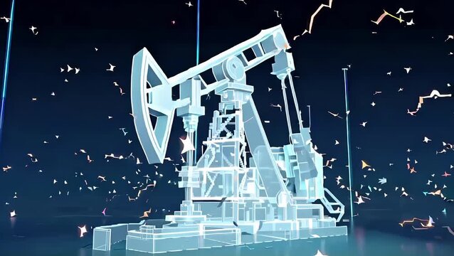Drilling oil jack pump rig wireframe model materializing, Fossil Fuel Drill Gas, Crude Energy Resource Production, Technical Pixelated Illustration