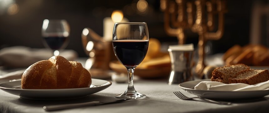 Joyful Jewish Sabbath table set with fresh challah bread and ceremonial wine cup