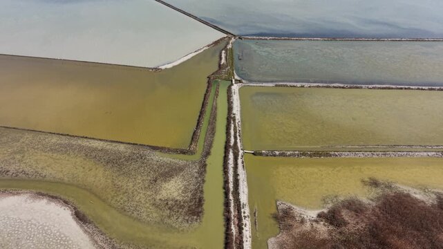 Aerial view of Lake Atanasovsko salt pans with geometric evaporation ponds in various colors separated by narrow dikes in Burgas, Bulgaria.