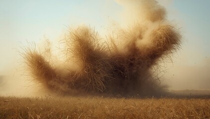 Obraz premium Wild field explosion of hay creating dust and straw clouds