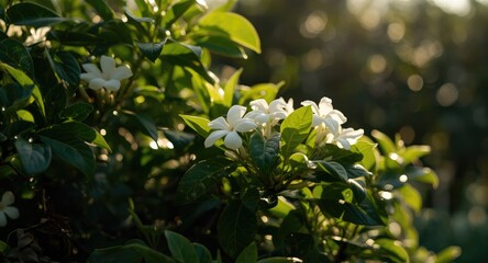 Fototapeta premium Serene garden scene featuring Sampaguita jasmine plant with lush green leaves and vibrant white blooms under morning sunlight