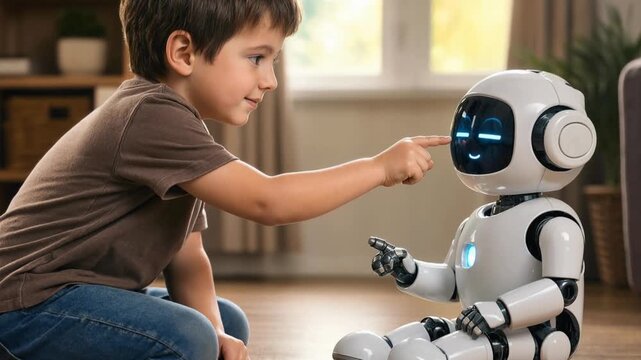 A curious young boy reaches out to touch a cute robot with a smiling, friendly digital face. Heartwarming moment of connection between a child and artificial intelligence technology