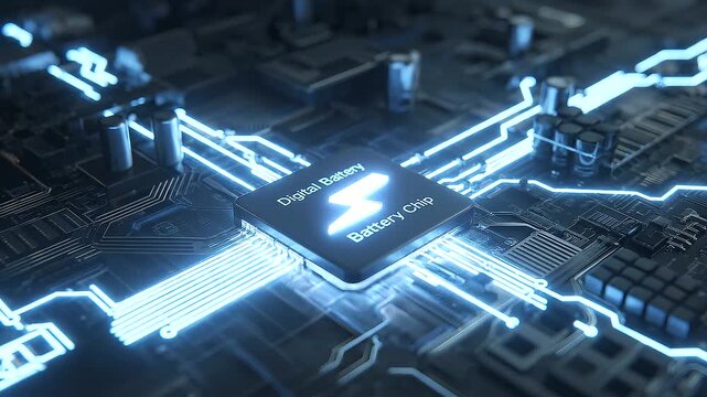 Digital battery chip concept on a futuristic circuit board, glowing electronic components, data energy flow, high-tech innovation, power storage system, abstract technology background.