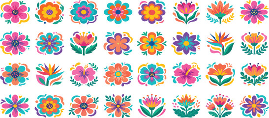 Colorful Mexican folk art floral icons vector set with vibrant isolated blooming flowers for festive greeting card decoration © MASUD