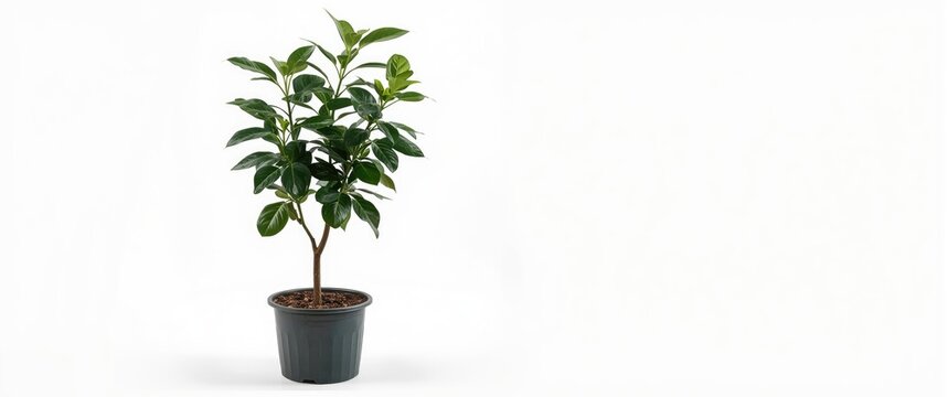 young Schefflera tree in a planter displayed on white studio backdrop