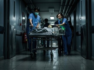 Obraz premium Emergency Medical Team Rushing Patient Down Dark Hospital Corridor