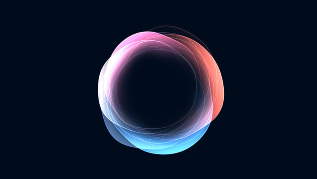 Abstract glowing circle formed by overlapping neon gradient lines on dark background