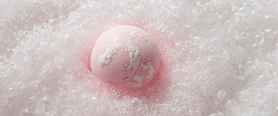 Fototapeta premium Pink bath bomb resting in foamy bubbles