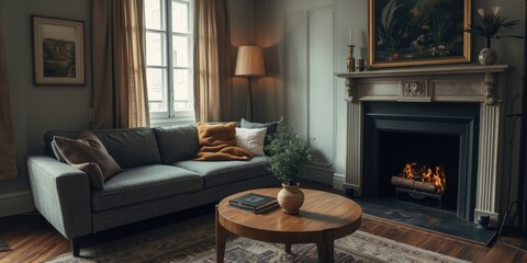 Obraz premium Cozy living room with a fireplace and sofa arrangement