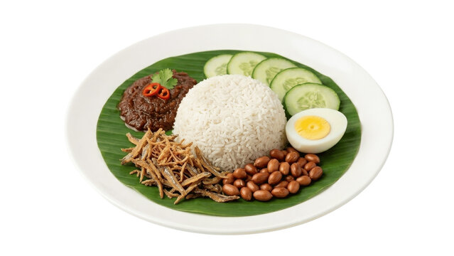 Nasi lemak dish with rice, anchovies, peanuts, and vegetables on banana leaf isolated on transparent background