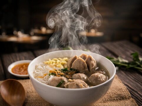 steaming bowl of bakso with noodles and meatballs on a wooden table