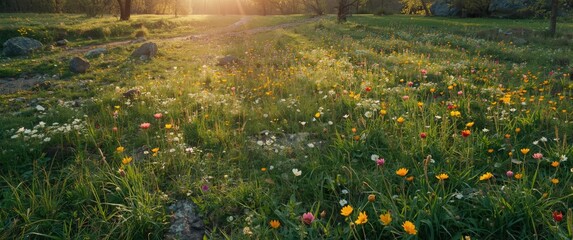 Obraz premium Vibrant countryside spring meadow featuring colorful flowers and scattered rocks beneath soft morning light