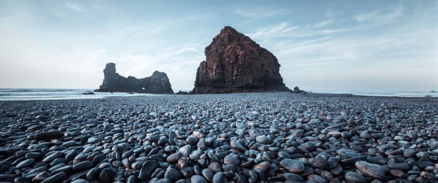 Quiet beach environment with sculpted stone towers and intricate pebble compositions