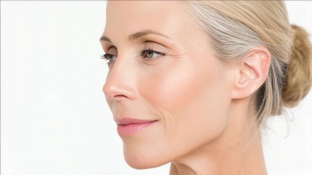 Smiling lady with radiant complexion in close-up portrait.