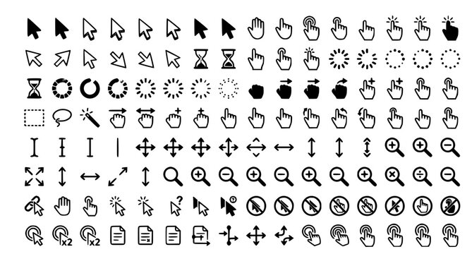 Computer mouse cursor icon set with click pointer and loading symbols vector