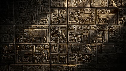 Fototapeta premium Old stone wall bearing detailed Maya glyph reliefs bathed in gentle shadow copy space