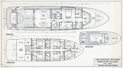 Technical floor plan layout of a luxury superyacht © S.Siam