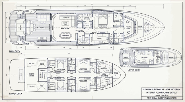 Technical floor plan layout of a luxury superyacht