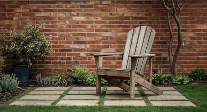 wooden chair on garden patio with red brick wall backdrop