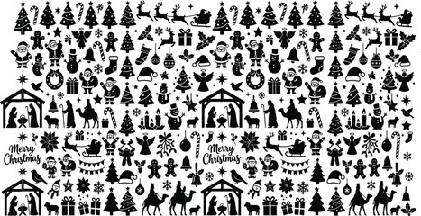 Christmas themed vector illustration with trees reindeer and festive ornaments © Mehedi