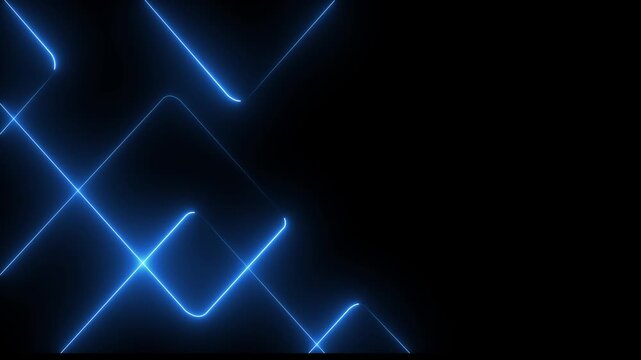 A vibrant abstract background featuring dynamic neon line patterns in shades of blue . Neon blue laser lines animation with black background. 4k motion video