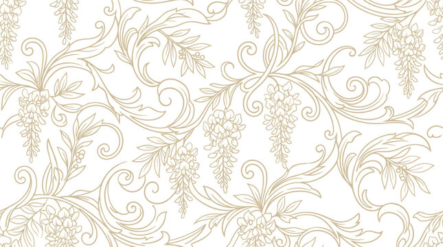 Elegant floral seamless pattern with wisteria vines and swirling leaves, vector graphic design.
