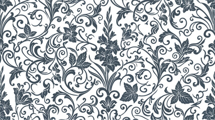 Elegant floral seamless pattern with dark blue motifs on white background, vintage style graphic element ©  arinagraphic.std