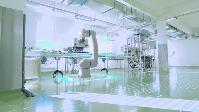 Automated production of pharmaceutical, cosmetic, or food products using robotics and AI-based control. Pharmaceutical industry. Pharmaceutical packaging line. Smart factory inside.