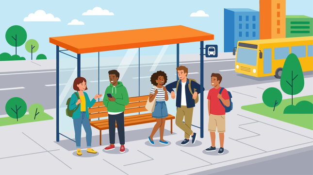 a group of people waiting at a bus stop.