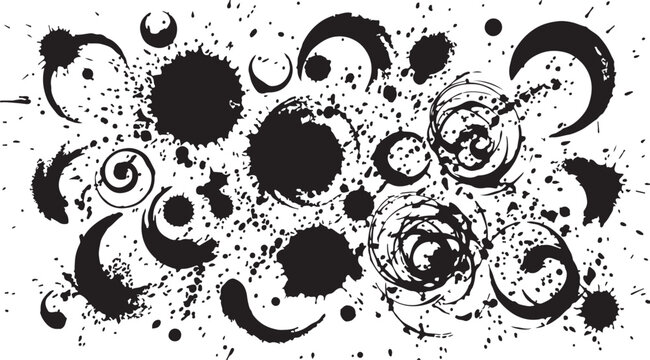 Abstract black ink splatters circles and creative grunge drops background texture graphic elements vector design frame