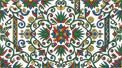 Fototapeta premium Decorative folk art pattern with floral motifs and geometric elements in vibrant colors, vector illustration