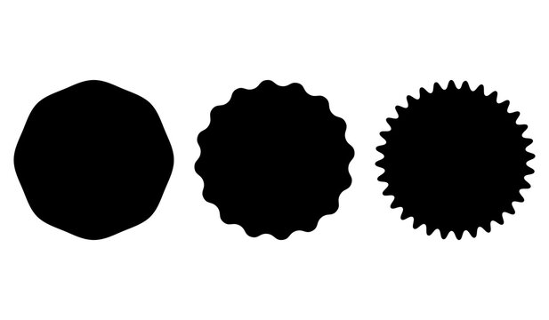 Black wavy circle stickers set. Minimalist starburst badge vector elements. Retro brutalist geometric shapes and stamp frames. Vector illustration.