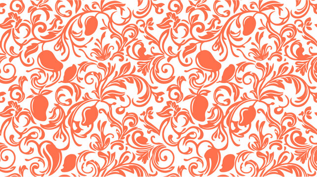 Seamless floral mango pattern in coral orange, decorative graphic element for textile design