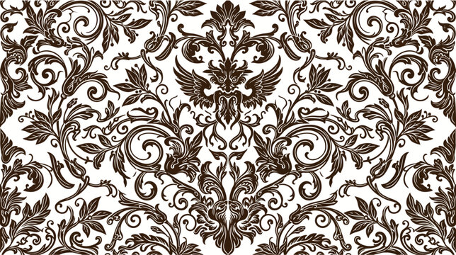 Ornate damask pattern with mythical bird motif, brown on white background, decorative vector graphic